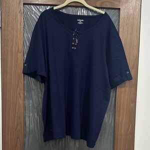 Liz & Me Navy Lace-Up Short Sleeve Tee with Button-Tab Sleeves